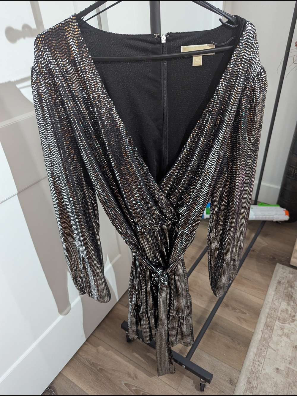 Metallic Sequin Wrap Mini Dress in Gunmetal